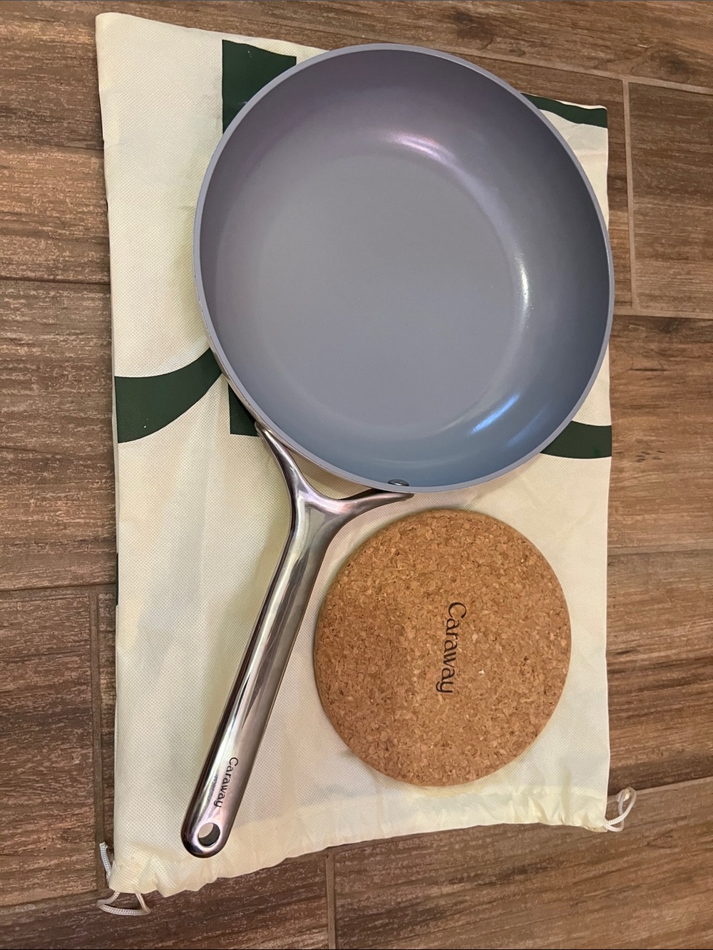Caraway Nonstick Fry Pan with Stainless Handle and bonus trivet and storage bag